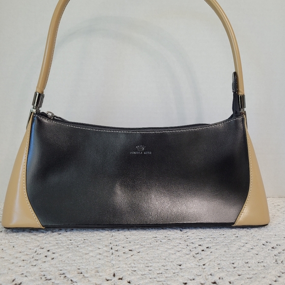 Daniela Moda Baguette handbag/purse Blk and tan CLASSIC Elegance - Picture 2 of 10